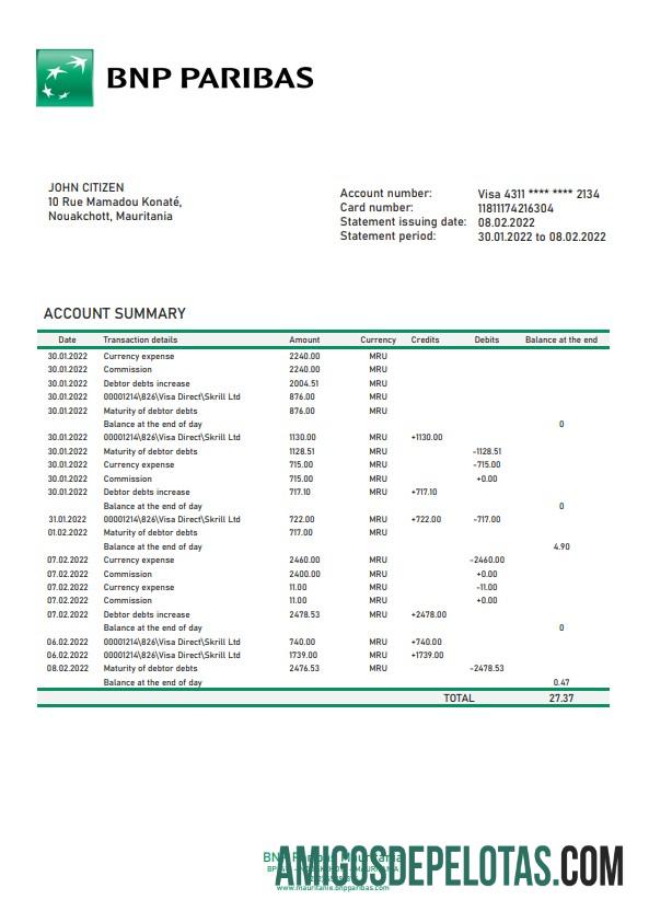 Modelo realista de extrato bancário do BNP Paribas da Mauritânia em formato Word e PDF